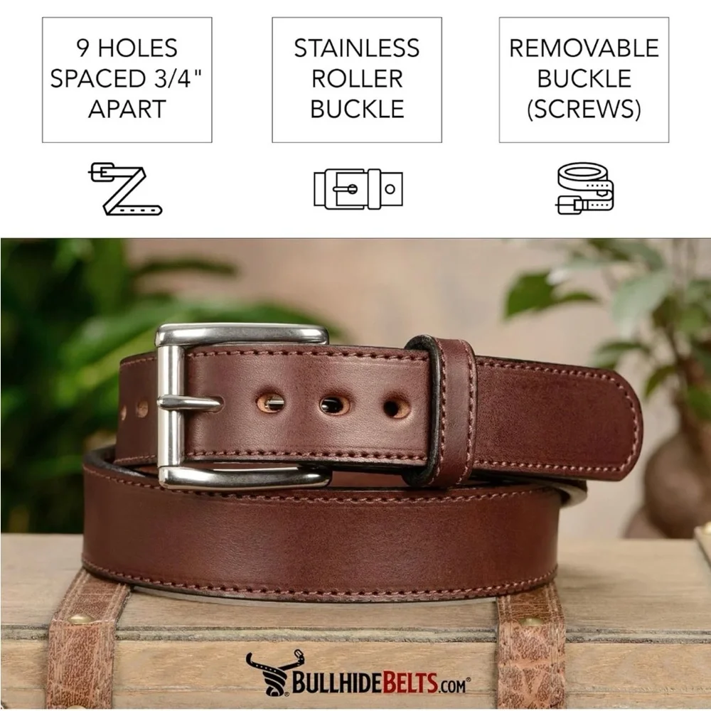 BULLHEAD BELTS Full Grain Leather Stitched Belt W1.50 Inch Wide  Size 34